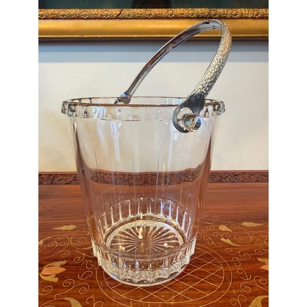 Vintage Glass Ice Bucket with Metal Handle Mid Century Barware‎